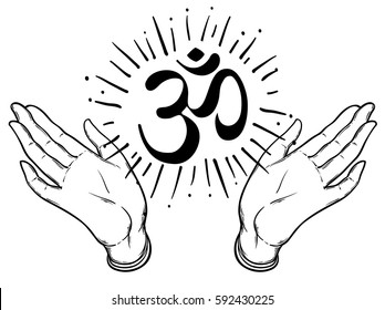 Illustration of two hands showing om sign. Dotwork ink tattoo flash design. Vector illustration isolated on white. Astrology, Sacred Spirit. Hinduism. 