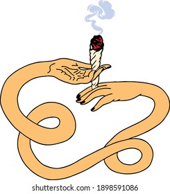 illustration of two hands with smokey joint medical cannabis in vector