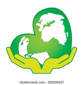 Illustration of two hands that are holding a green globe heart shaped