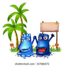 Illustration of the two happy blue monsters in front of the wooden signage near the palm trees on a white background