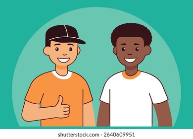 An illustration of two happy boys, one with an orange shirt and a black cap, the other in a white shirt, standing side by side displaying a positive and inclusive message.