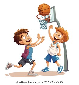 Illustration von zwei glücklichen Jungen, die in einem freundlichen Spiel Basketball spielen