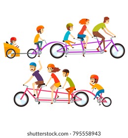 Illustration Of Two Happy Families Riding On Big Tandem Bike. Funny Recreation With Kids. Cartoon People Characters With Smiling Faces Expressions. Flat Vector Design