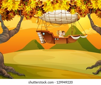 Illustration of two happy girls in an aircarft