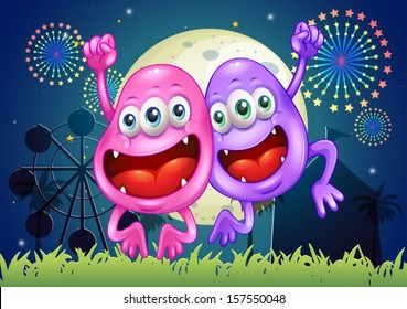 Illustration of the two happy monsters at the amusement park