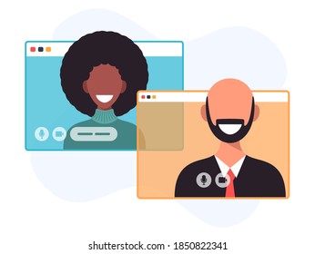 Illustration Of Two Happy People Talking Via Video Call. Smiling Men And Women Work And Communicate Remotely. Team Meeting Vector Illustration In Flat Design