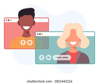 Illustration Of Two Happy People Talking Via Video Call. Smiling Men And Women Work And Communicate Remotely. Team Meeting Vector Illustration In Flat Design