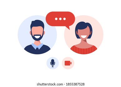 Illustration of two happy people talking via video call. Smiling men and women work and communicate remotely. Team meeting Vector illustration in flat design