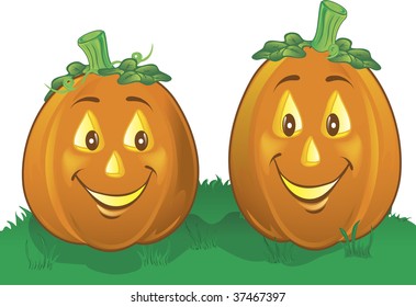Illustration of two happy pumpkins in the grass