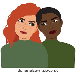 illustration of two happy women,lesbian couple, card for valentine's day