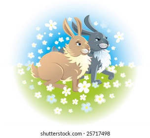 Illustration of two hares on a flower glade