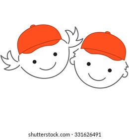 Illustration of two heads of little boy and little girl with red caps on them on a white background
