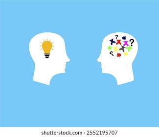 Illustration of two heads, one with a light bulb symbol representing creativity and the other with a puzzle to solve a problem. Suitable for innovation projects, teamwork, or education.