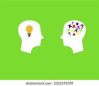 Ilustración de dos cabezas, una con un símbolo de bombilla que representa la creatividad y la otra con un rompecabezas para resolver un problema. Adecuado para proyectos de innovación, trabajo en equipo o educación.