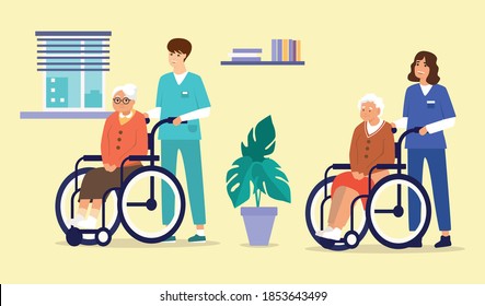 Illustration of two health care assisnats on duties with eldery ladies in wheelchairs in care home interior. Vector illustration. 