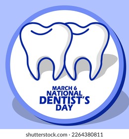Illustration of two healthy teeth with bold text in a circle frame on light blue background to commemorate National Dentist's Day on March 6