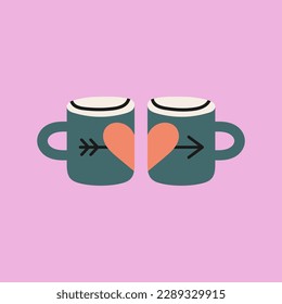 Illustration of two heart printed cups for a couple. Love, romance, relationship concept. For t-shirt prints, typographic and social media design. Hand drawn vector illustration. Saint Valentine's day