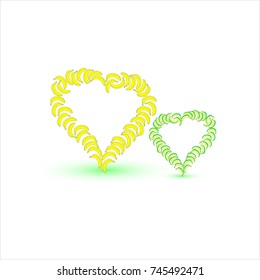 Illustration of two hearts from bananas on a white background.