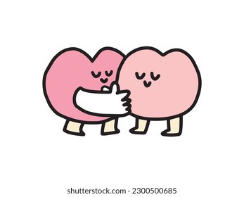 Illustration of two heart-shaped characters smiling and hugging each other. Concept of love and relaxing