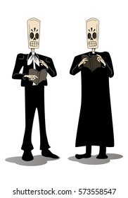 illustration of two hideous skeleton face grimace holding death book on isolated white background