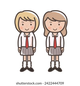 Illustration of two high school girls in loose socks, kogal style