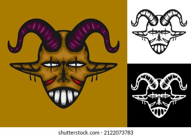 Illustration of two horned devil skull. Perfect for mascots, logos, icons, symbols and t-shirt designs. black and white