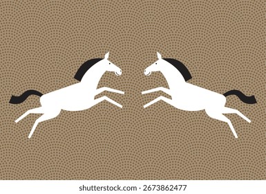 Ilustración de dos caballos que saltan mirándose uno frente al otro Material de la tarjeta del año Nuevo Patrón de estilo japonés