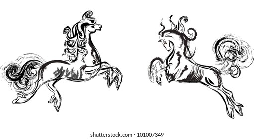 ilustración con dos esquetos de caballos aislados en fondo blanco