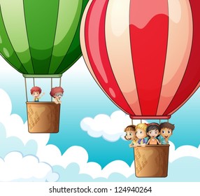 Illustration of two hot air balloons flying with happy kids