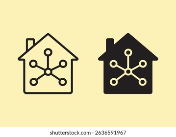 Illustration of two house icons, one in outline and one solid, representing smart home technology. The background is a solid light yellow.