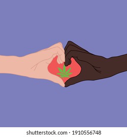 illustration of two human hands with heart and weed leaf in vector