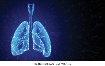 Illustration of two human lungs in a modern style using geometric shapes connected to form the shape of human lungs on a dark blue background. For medical, educational, scientific, commercial and indu