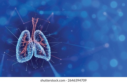 Ilustración de dos pulmones humanos en un estilo moderno utilizando Formas geométricas conectadas para formar la forma de los pulmones humanos sobre un fondo azul oscuro. Para uso médico, educativo, científico y comercial