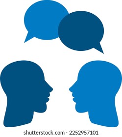 Ilustración de dos perfiles humanos conversando. Conversación o discusión entre personas. Brainstorm. 