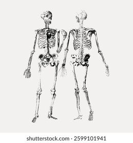 Illustration of two human skeletons, front and back view. Detailed skeletal anatomy, showing bones and joints. Medical illustration of human skeletons. Vintage art illustration, vector.