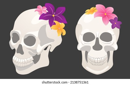 Illustration with two human skulls with flowers, full face and sideways.