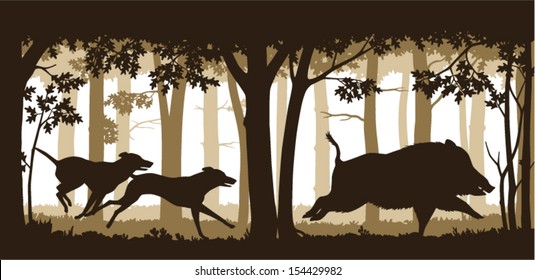 Illustration of two hunting dogs chasing a wild boar in deep forest. Editable vector illustration with elements as separate objects. 