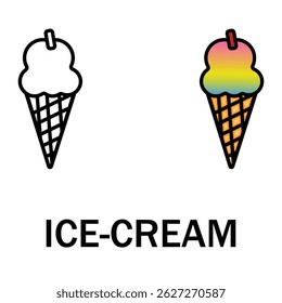 Illustration of two ice cream cones, one in monochrome line art and one in colorful gradient style, representing summer treats and dessert themes.