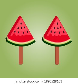 Illustration of two Ice cream on a stick in red ripe watermelon slices in the shape of a triangle on green background