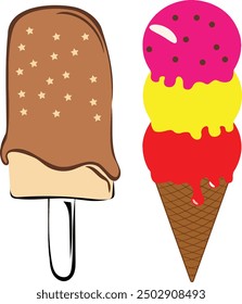 An illustration of two ice cream treats: one chocolate-covered popsicle with stars and one colorful ice cream cone with three scoops in pink, yellow, and red.