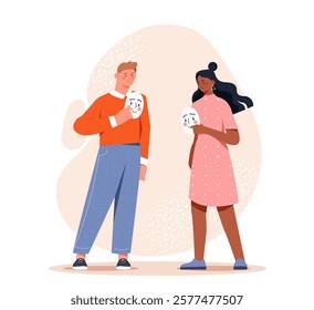 Illustration of two individuals holding masks with facial expressions. Hand-drawn style on a light abstract background. Concept of emotions and identity. Vector illustration