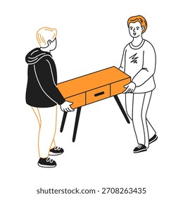 Ilustración de dos individuos levantando una Pequeña mesa naranja juntos. Los personajes están dibujados en un estilo de dibujos animados con líneas simples y colores limitados.
