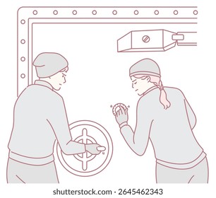 An illustration of two individuals operating a vault lock, emphasizing teamwork and precision in their task