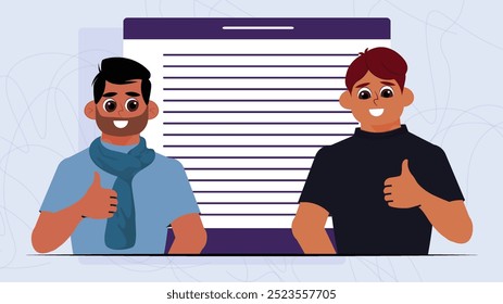 Ilustración de dos individuos de pie frente a un Grande bloc de notas, ambos dando pulgares hacia arriba, con el arte abstracto de la línea en el fondo, que representa la colaboración y el Acuerdo.