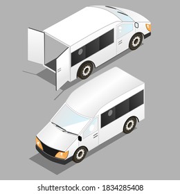 Illustration with two isometric minibuses positioned from different vantage points, one with the rear doors open.