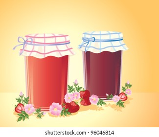 an illustration of two jars of home made jam with fancy cloth lids wild roses and strawberries on a golden background