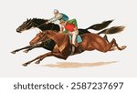 Illustration of two jockeys racing on horses. One jockey in red and green, the other in blue and white. Dynamic horse racing scene with galloping horses. Vintage Japanese illustration vector.