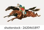 Illustration of two jockeys racing on horses. One jockey in blue, the other in red. Both jockeys focused, horses galloping fast, racing neck and neck. Vintage horse illustration vector.