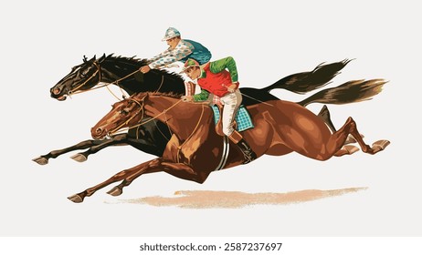 Illustration of two jockeys racing on horses. One jockey in red and green, the other in blue and white. Dynamic horse racing scene with galloping horses. Vintage Japanese illustration vector.