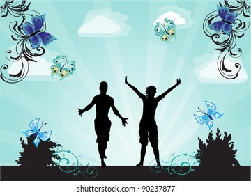 illustration with two jumping silhouettes on blue background